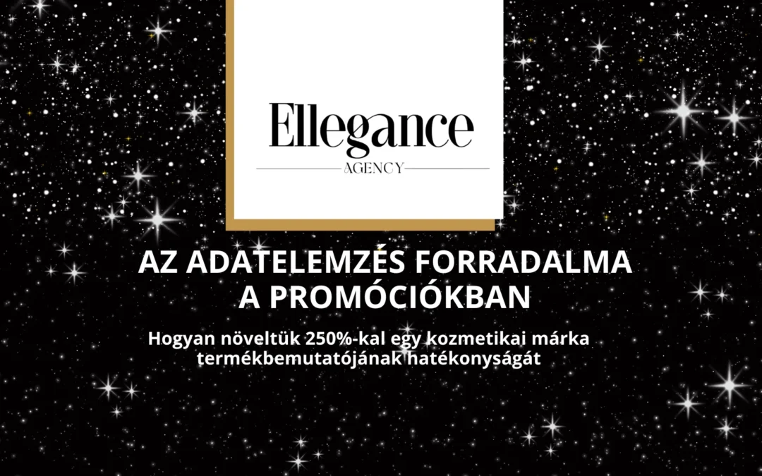 A fekete háttér tele csillogó csillagokkal. Felül elegáns fekete betűtípussal az "Elegance Agency" felirat olvasható. Alul, félkövér fehér szöveggel: "Az adatelemzés forradalma a promóciókban." Kisebb szöveg olvasható: "Hogyan növeltük 250%-kal egy kozmetikai márka termékbemutatójának hatékonja.