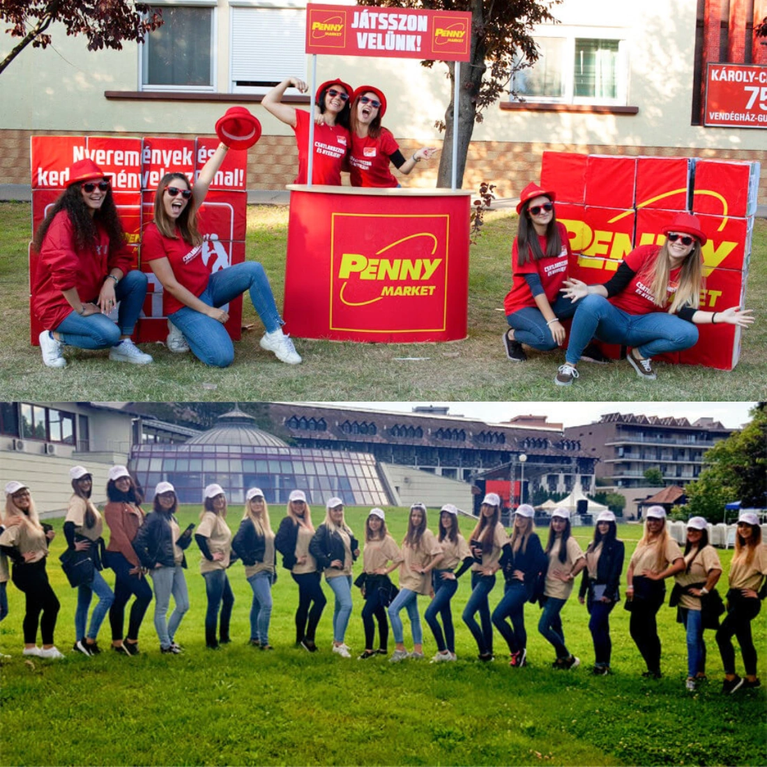 A kép két részre oszlik. A felső felében négy piros ruhás és sapkás nő látható, akik játékosan pózolnak egy Penny Market felirat és promóciós felszerelés mellett. Az alsó felében egy sor nő látható, hozzáillő bézs felsőt és farmert viselve, mindegyik fehér vagy bézs sapkát visel a szabadban, egy parkban.