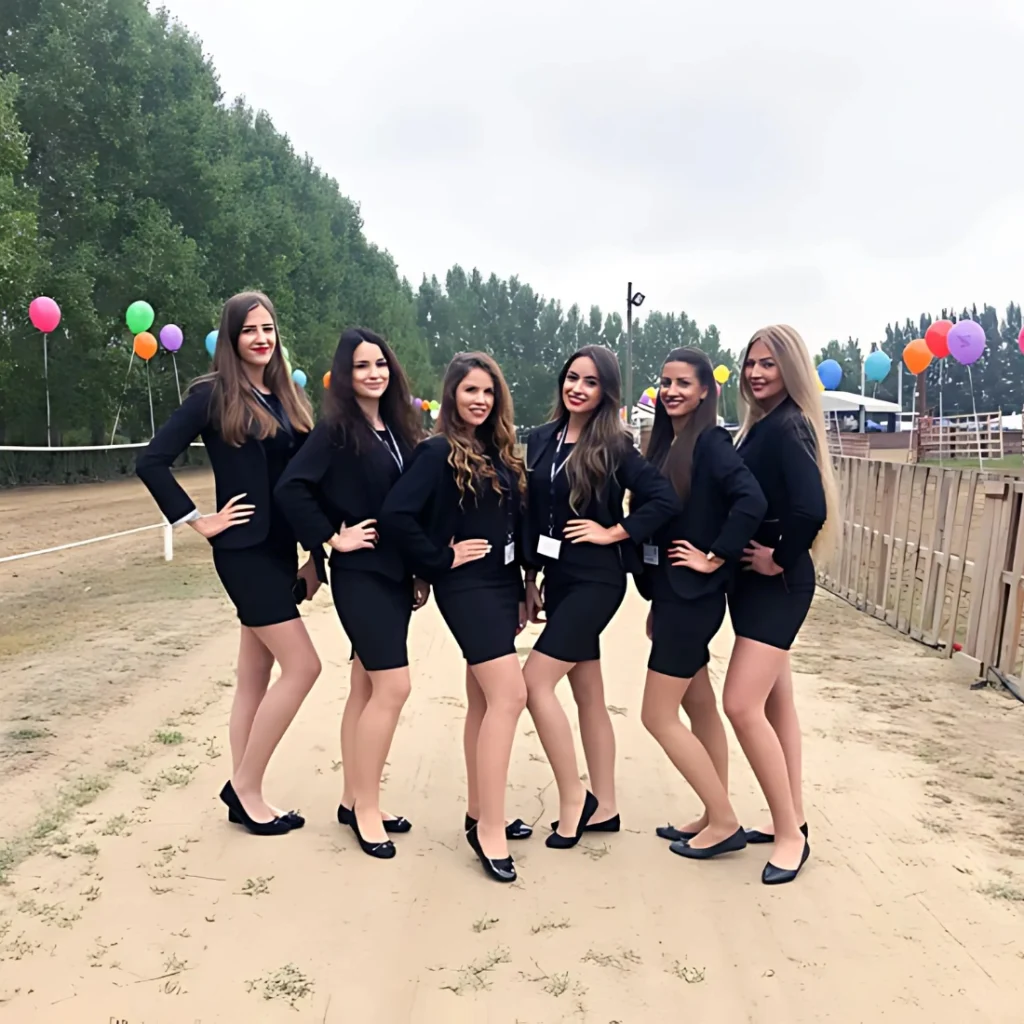 Hat nő áll a szabadban egymás után, mosolyogva, és hozzáillő fekete blézert és szoknyát viselnek. Egy fából készült kerítéssel körülvett homokos ösvényen vannak, a háttérben színes léggömbökkel, az egyik oldalon pedig fákkal. Beborult az ég.