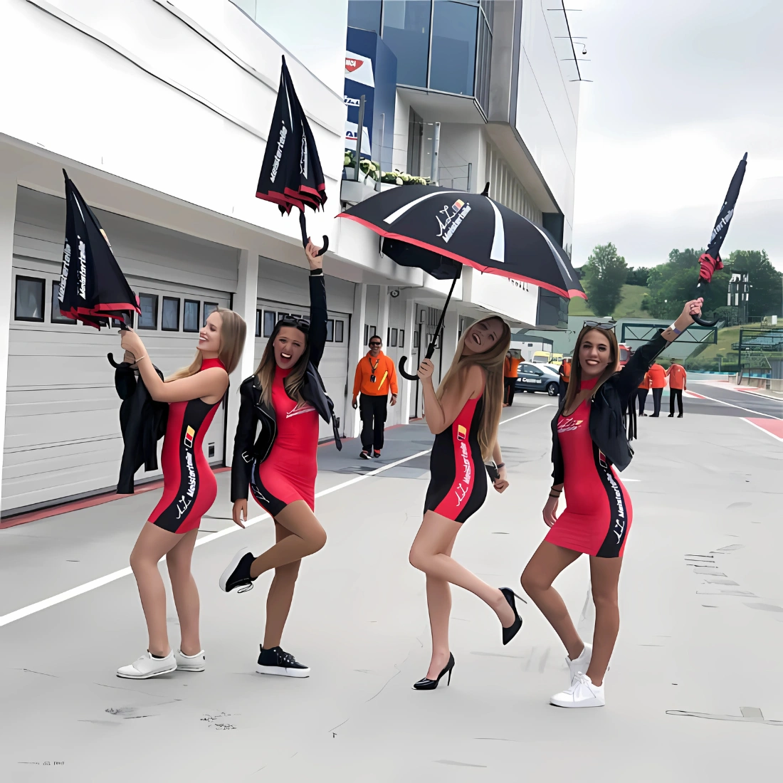 Négy piros és fekete ruhás nő játékosan pózol egy versenypályán, kezében fekete esernyővel. Ketten fekete kabátot viselnek, míg kettőnek a vállán van a sajátja. A háttérben garázsok és három narancssárga kabátos ember látható. Felhős idő van, esőre utalhat.