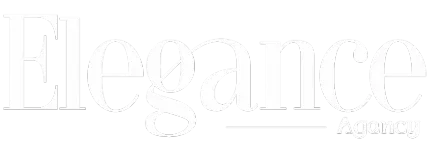 Szöveges logó, amelyen az „Elegance Agency” felirat látható serif betűtípussal. Az "Elegance" stilizált betűkkel tűnik ki, míg az "ügynökség" kisebb, és az alsó sarokban helyezkedik el. A fehér szöveget finom árnyékhatás jellemzi, amely tökéletes a rendezvényszervezéshez ideális finomság megörökítésére.