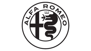 Alfa Romeo logó kör alakú kialakítással. A bal oldalon fehér alapon fekete kereszt látható, amely Milánót jelképezi. A jobb oldalon egy Biscione, egy embert fogyasztó kígyó látható fehér alapon. Az embléma fölött az „ALFA ROMEO” szöveg ível.