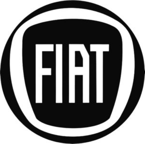 Fekete-fehér Fiat logó, amely egy stilizált, nagybetűs "FIAT"-ot körülölelő kört tartalmaz, félkövér, hosszúkás betűkkel. A körön belüli háttér fekete, kontrasztot biztosít a fehér szöveggel és a körkörös körvonallal.