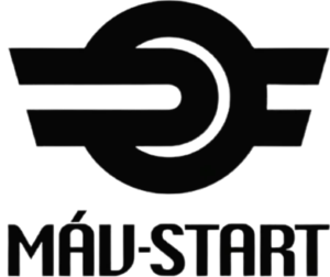 Logo design stilizált kör alakú emblémával, mindkét oldalán vízszintes vonalakkal, amelyek szárnyakra emlékeztetnek. Az embléma alatt félkövér, nagybetűvel a "MÁV-START" felirat olvasható. A logó fekete háttér előtt látható.