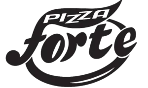 Logó a "Pizza" szóval fehér, dőlt betűs szöveggel a "forte" félkövér, fekete kurzív betűi felett. A "t" betű aláhúzássá nyúlik, amely körbefut, részben körülzárva a szöveget. Ideális egy hostess ügynökségnek, amelynek célja az elegancia és a stílus közvetítése. A háttér átlátszó.