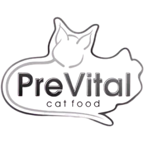 A "PreVital macskaeledel" logója jól láthatóan a "PreVital" felirattal, alatta pedig a "macskaeledel" felirattal kisebb. A szöveget egy macska körvonala veszi körül, hegyes fülekkel és ívelt farokkal. A dizájn monokromatikus, fényes megjelenésű, a csúcskategóriás rendezvényszervezés esztétikáját idézi.