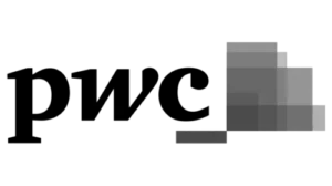 A PwC logója a stilizált kisbetűs „pwc”-vel, fekete színben a bal oldalon, valamint egy sor egymást átfedő, félig átlátszó téglalap alakú blokkal a szürke különböző árnyalataiban a jobb oldalon. Ezek a blokkok lépcsőkhöz vagy egymásra helyezett rétegekhez hasonló absztrakt formát formáznak, harmonikusan visszhangozva az innovatív rendezvényszervezés témáit fehér háttér előtt.